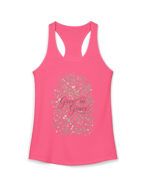 Load image into Gallery viewer, Grow in Grace Christian Racerback Tank – Floral Faith Tank Top for Women – Inspirational Church Summer Tank – Christian Gift for Her
