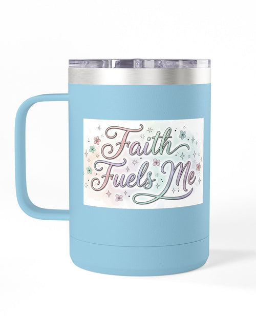 Load image into Gallery viewer, 15oz Insulated Coffee Tumbler Mug — "Faith Fuels Me" Pastel Star Design
